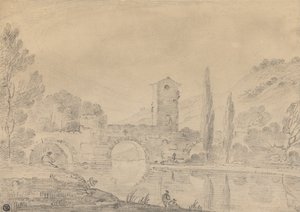 Paysage italien avec pont à trois arches, maison de pont, figures sur la rive proche et peupliers au loin